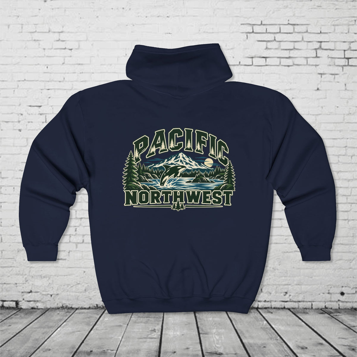 Wild Pacific Orca Full-Zip Hoodie – Pacific Northwest Mountain & Ocean Back Graphic