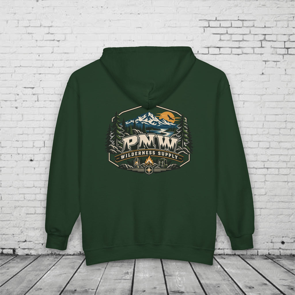 PNW Wilderness Supply Full-Zip Hoodie – Pacific Northwest Outdoor Adventure Back Graphic