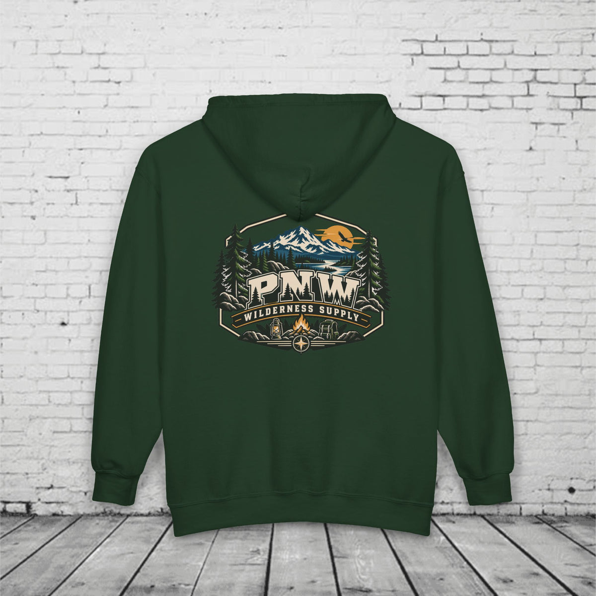 PNW Wilderness Supply Full-Zip Hoodie – Pacific Northwest Outdoor Adventure Back Graphic
