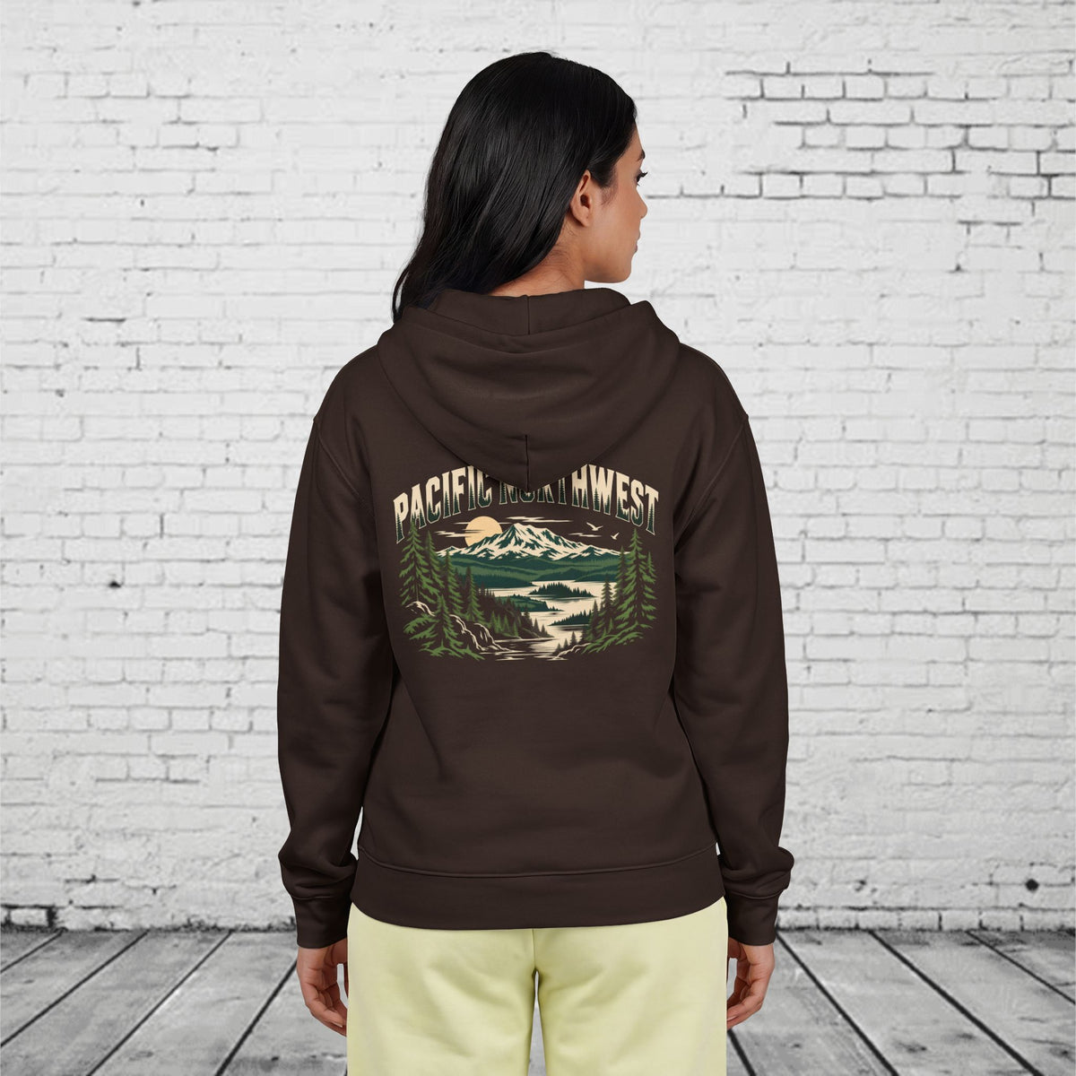 Pacific Northwest Mountain Lake Full-Zip Hoodie – PNW Evergreen Outdoor Back Graphic