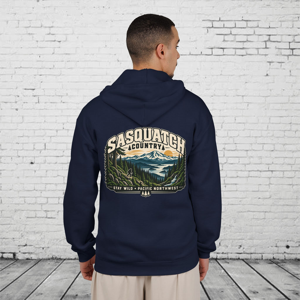 Sasquatch Country Full-Zip Hoodie – Stay Wild Pacific Northwest Bigfoot Back Graphic