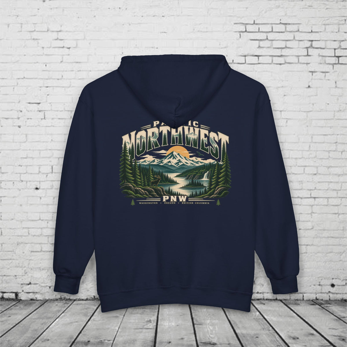 Pacific Northwest Wilderness Full-Zip Hoodie – PNW Mountain Elk Forest Back Graphic