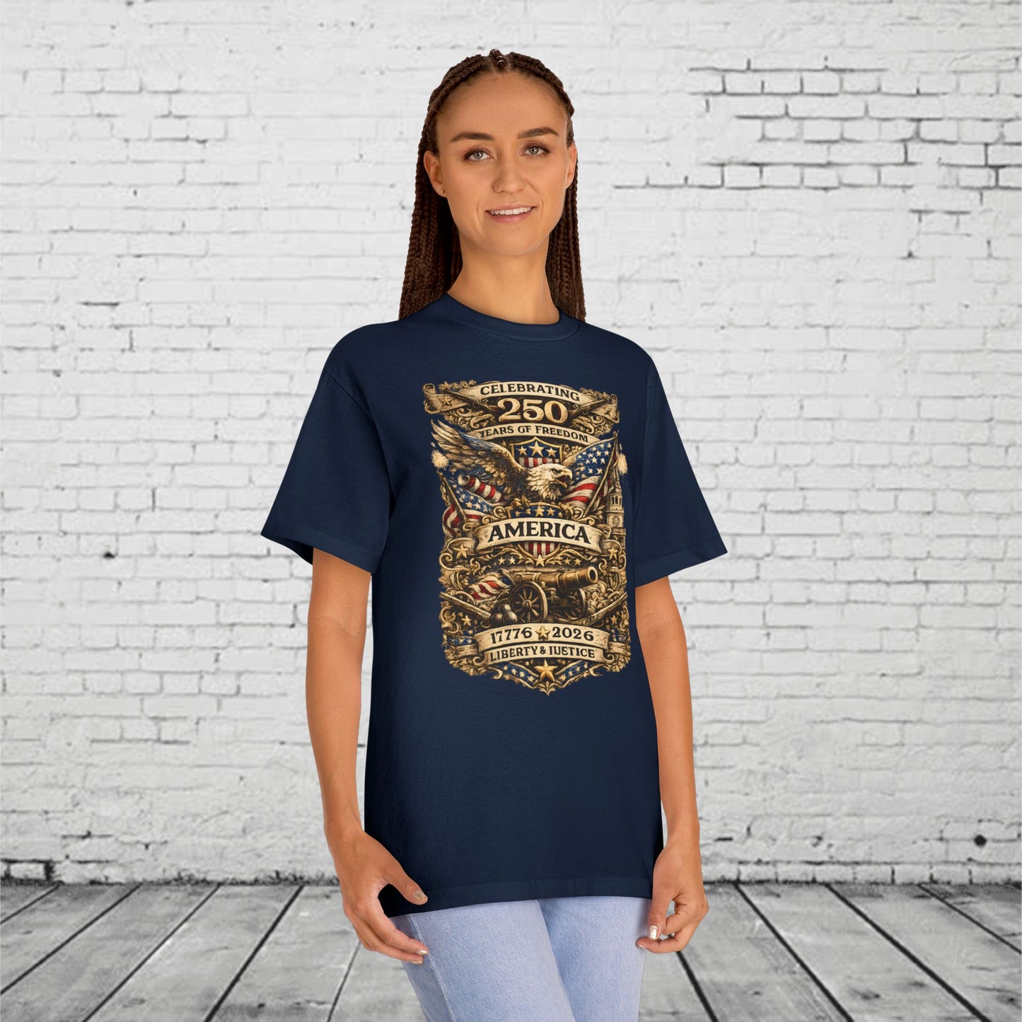 America 250 Years of Freedom Patriotic T-Shirt | 1776–2026 Semiquincentennial Eagle, Flag & Cannon Tee | Liberty & Justice Unisex Shirt