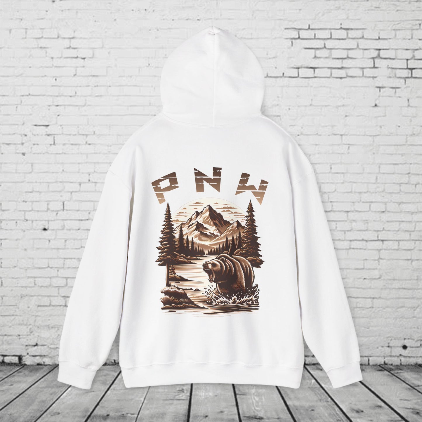 PNW Bear Hoodie – Pacific Northwest Mountain Wilderness Sweatshirt, Unisex Heavy Blend