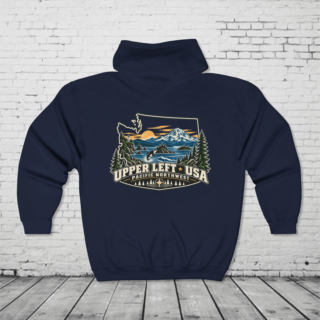 Upper Left USA Full-Zip Hoodie – Pacific Northwest Orca & Mountain Back Graphic