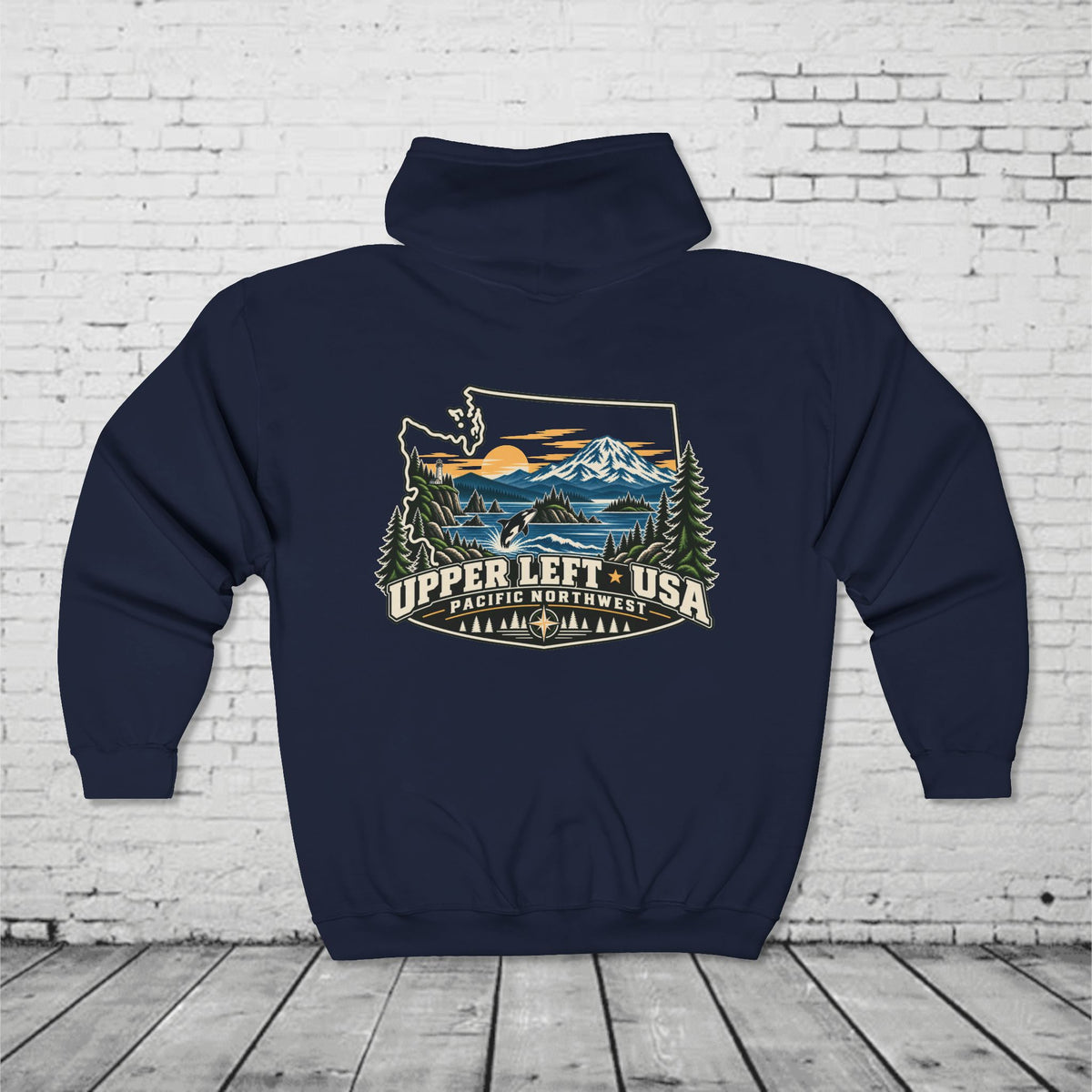 Upper Left USA Full-Zip Hoodie – Pacific Northwest Orca & Mountain Back Graphic