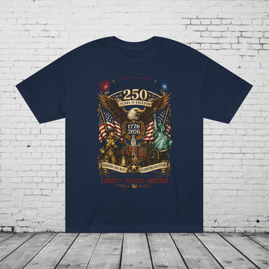 America 250 Patriotic T-Shirt | 1776–2026 Eagle, Liberty Bell & Statue of Liberty Graphic Tee | Semiquincentennial Unisex Shirt