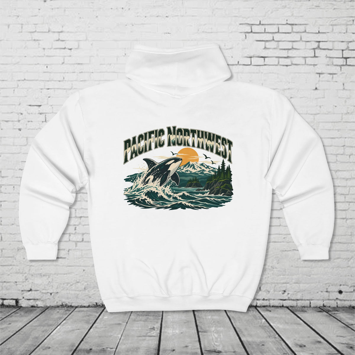 Pacific Northwest Orca Full-Zip Hoodie – PNW Mountain & Ocean Back Graphic