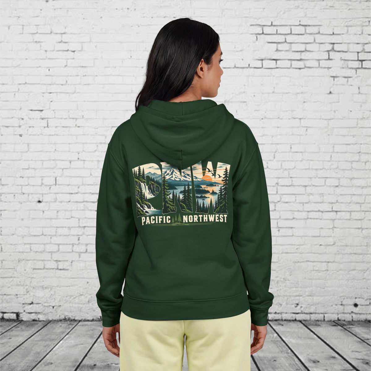 PNW Pacific Northwest Scenic Full-Zip Hoodie – Mountain Forest Waterfall Back Graphic
