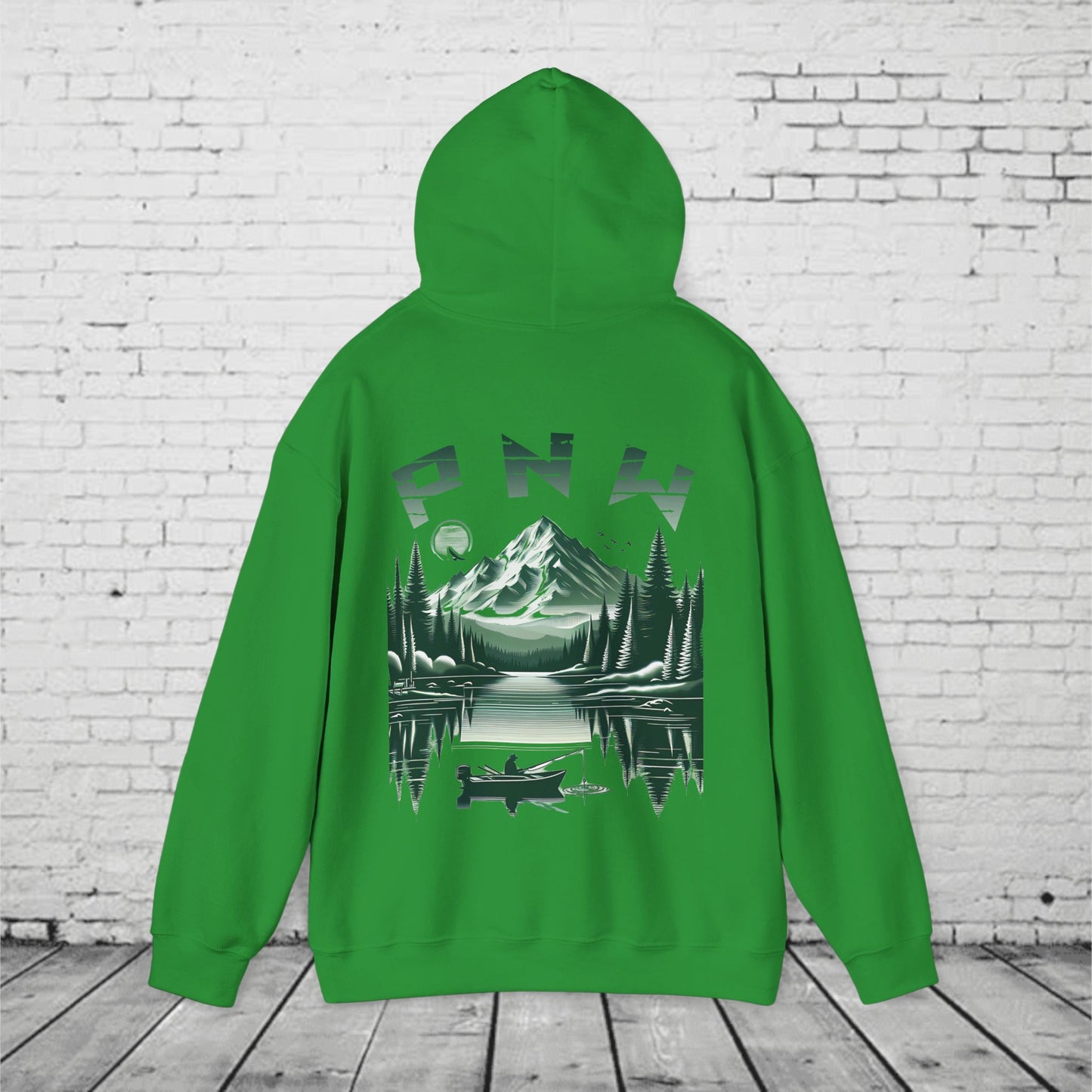 PNW Fishing Hoodie – Scenic Mountain & Lake Graphic | Pacific Northwest Adventure Sweatshirt