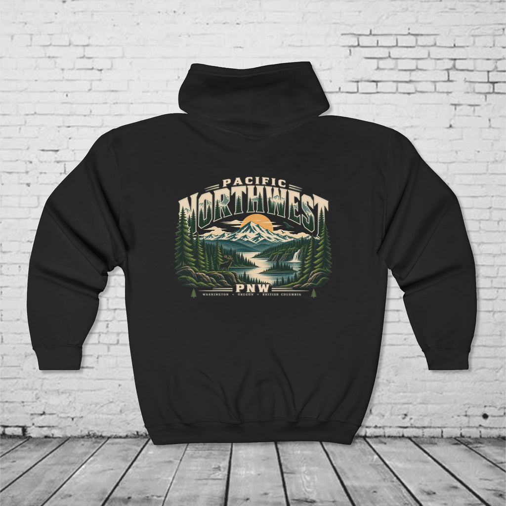 Pacific Northwest Wilderness Full-Zip Hoodie – PNW Mountain Elk Forest Back Graphic