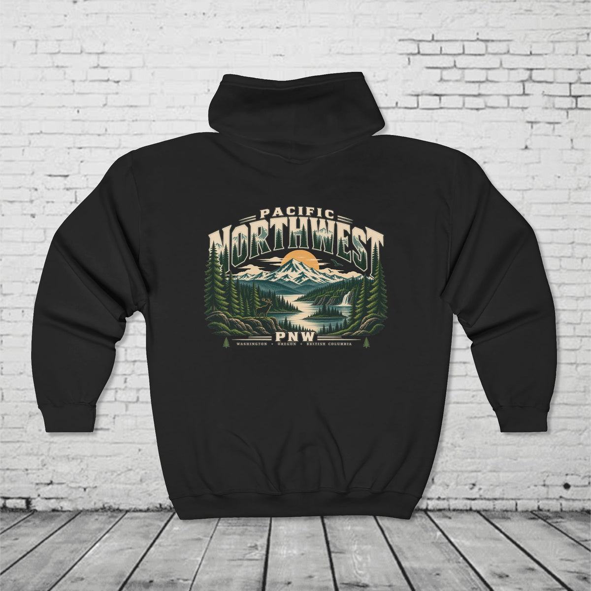 Pacific Northwest Wilderness Full-Zip Hoodie – PNW Mountain Elk Forest Back Graphic