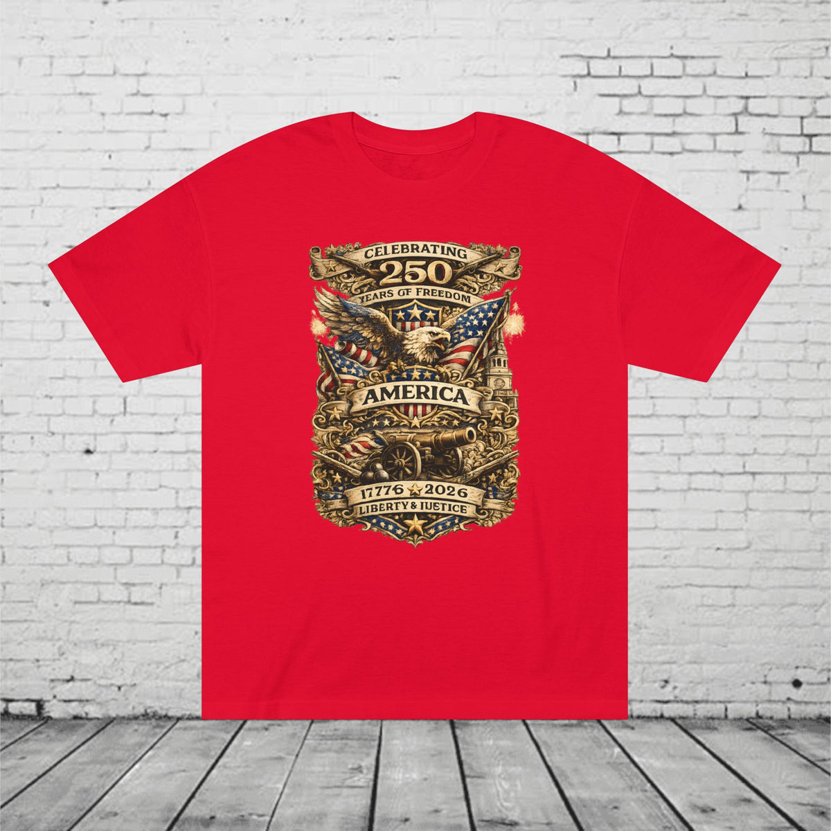 America 250 Years of Freedom Patriotic T-Shirt | 1776–2026 Semiquincentennial Eagle, Flag & Cannon Tee | Liberty & Justice Unisex Shirt