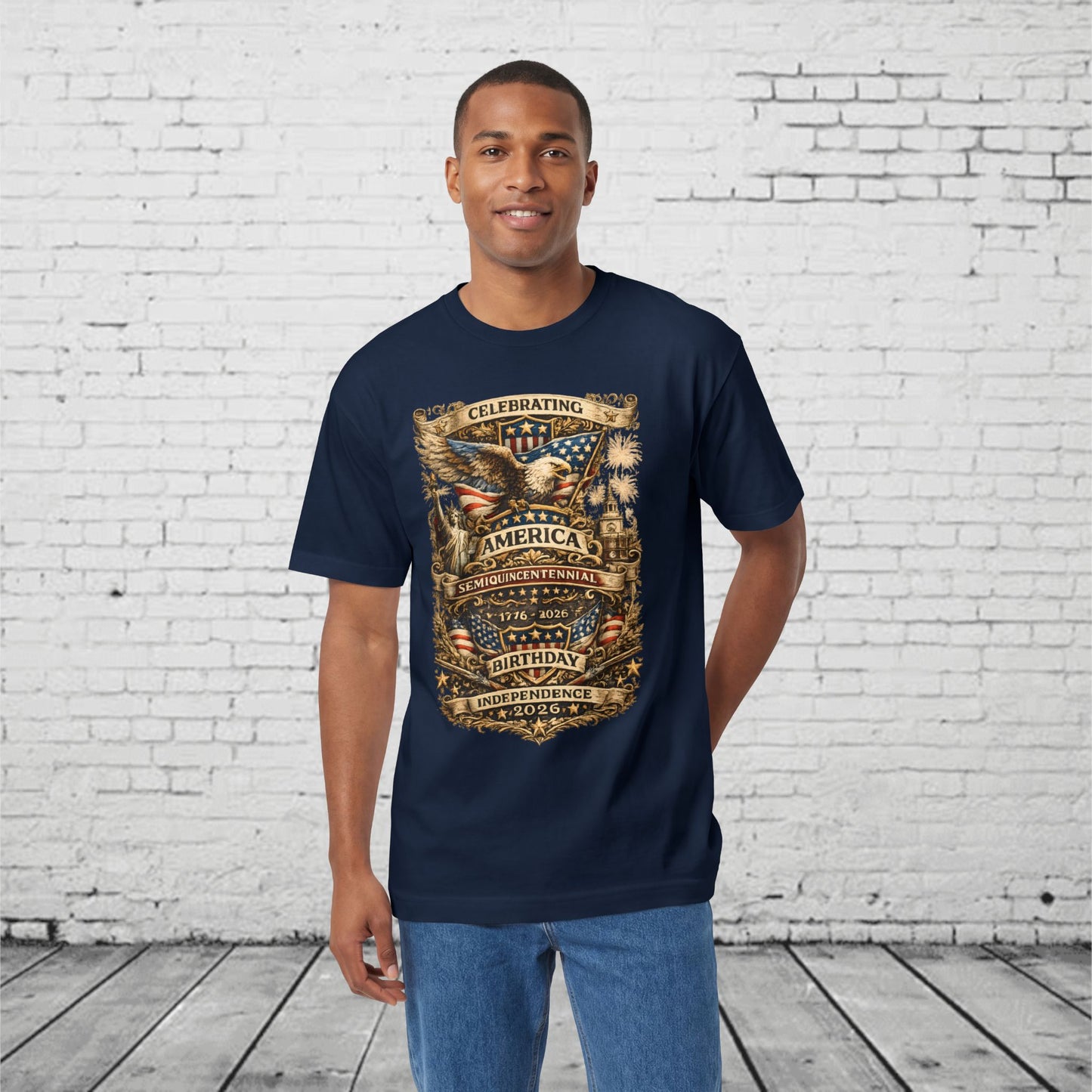 America 250 Semiquincentennial Patriotic T-Shirt | 250 Years of Freedom Eagle, Statue of Liberty & Independence Hall Tee | Independence Day 2026 Unisex Shirt