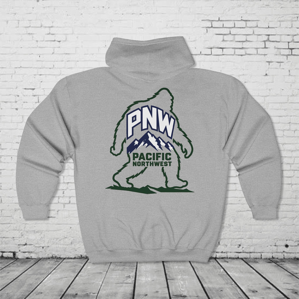 PNW Sasquatch Full Zip Hoodie – Pacific Northwest Bigfoot Mountain Graphic Sweatshirt