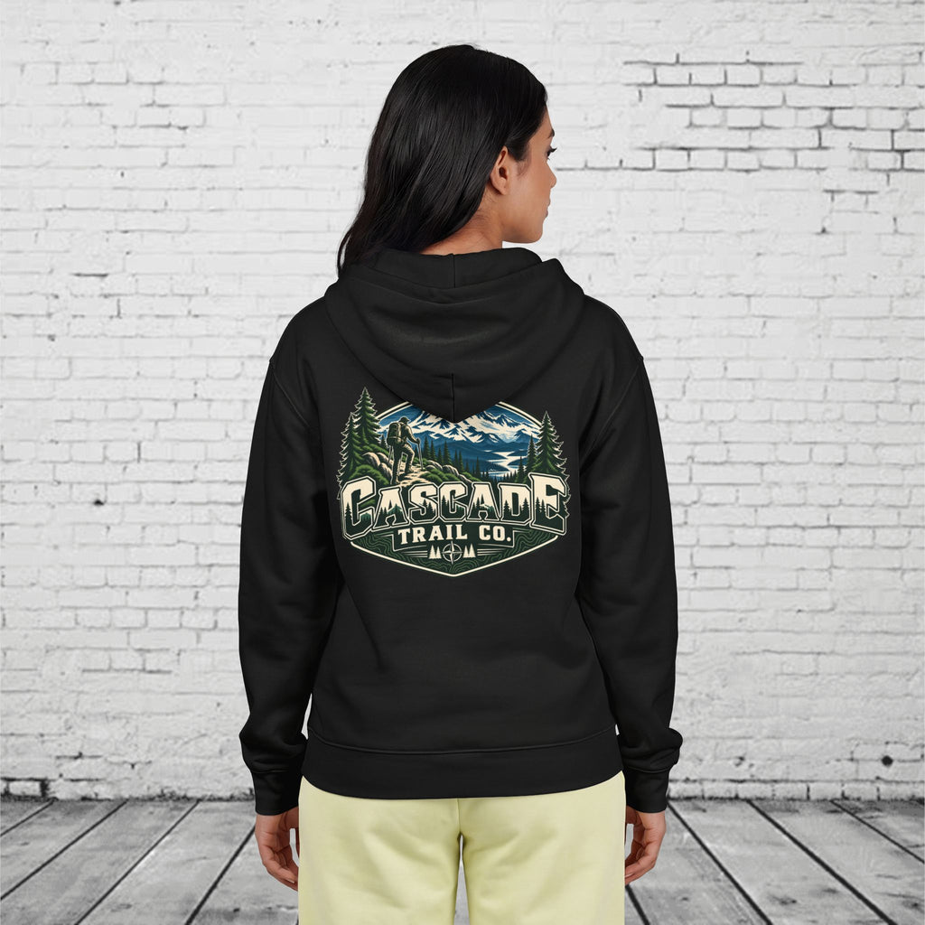 Cascade Trail Co. Full-Zip Hoodie – PNW Mountain Hiker Outdoor Back Graphic