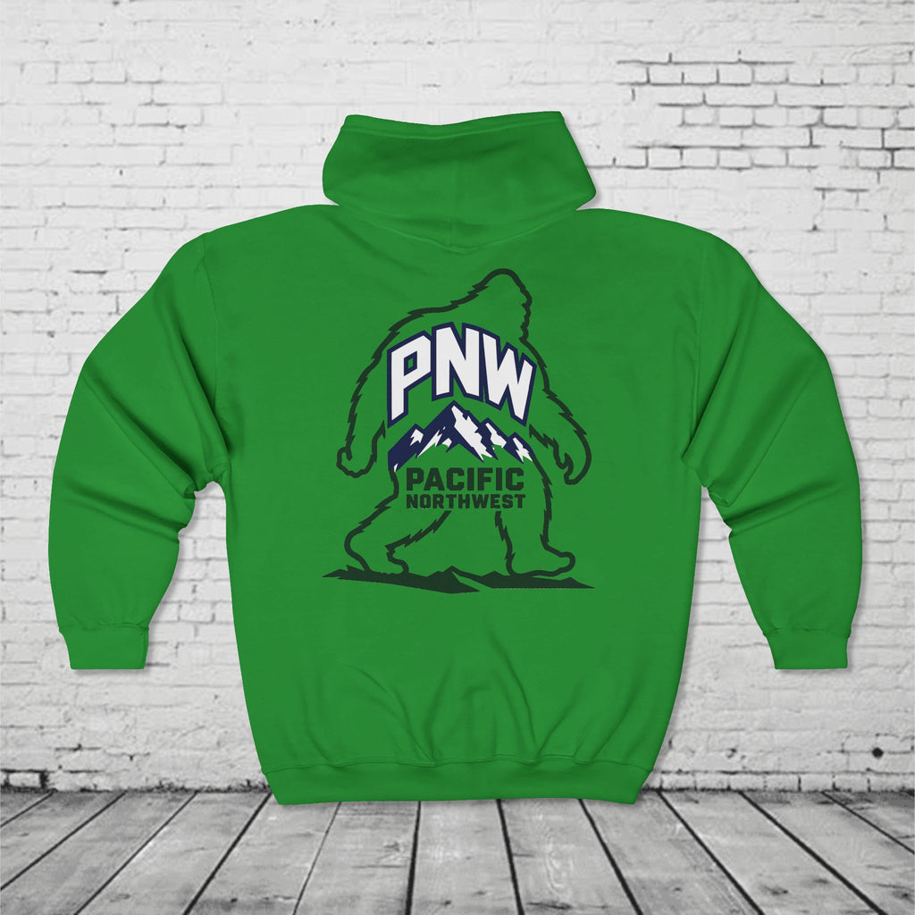 PNW Sasquatch Full Zip Hoodie – Pacific Northwest Bigfoot Mountain Graphic Sweatshirt