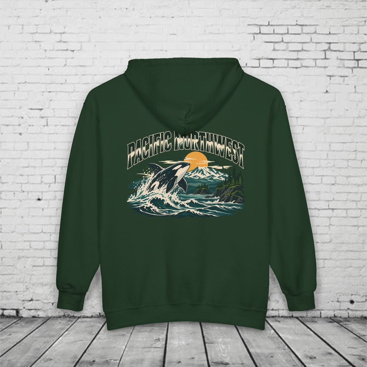 Pacific Northwest Orca Full-Zip Hoodie – PNW Mountain & Ocean Back Graphic