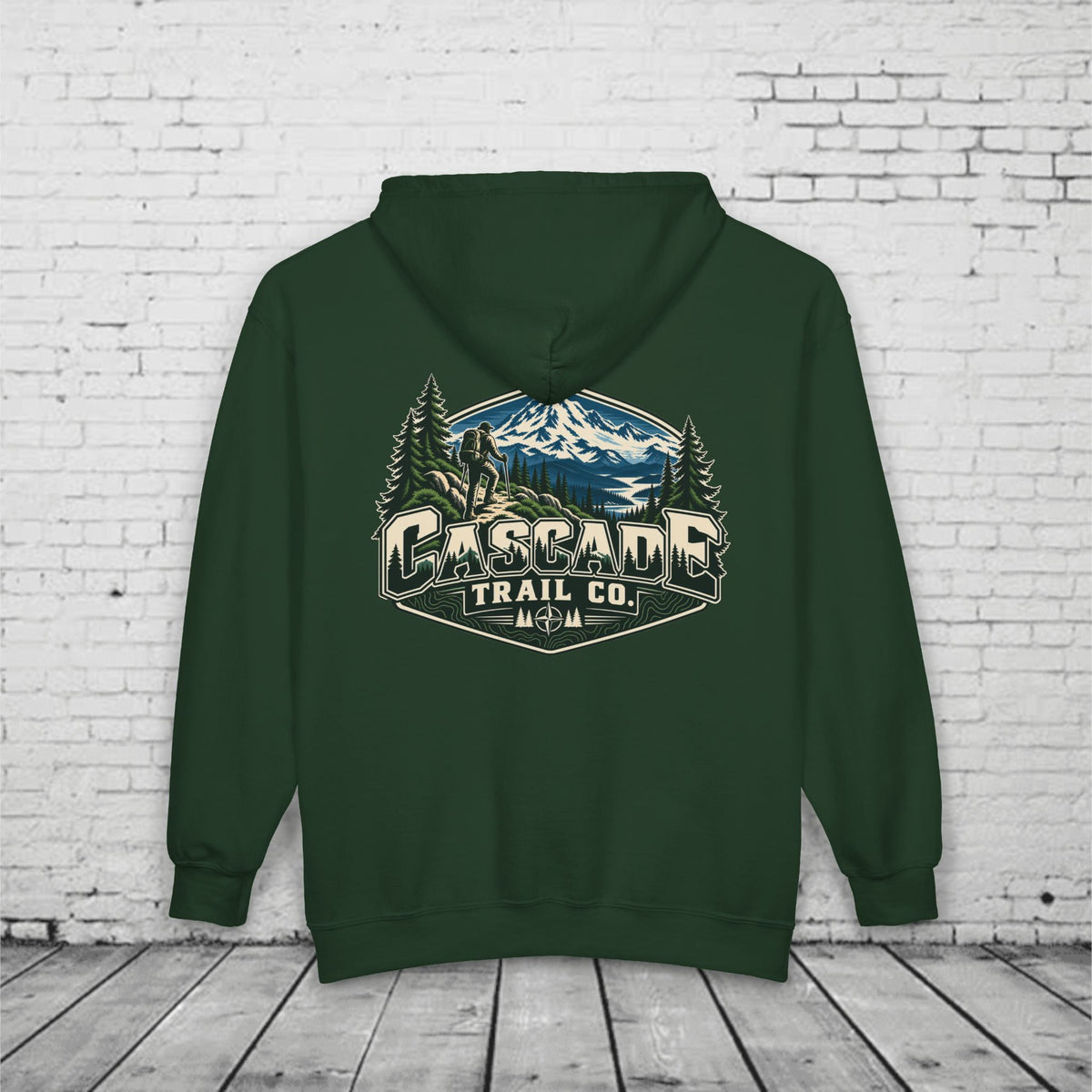 Cascade Trail Co. Full-Zip Hoodie – PNW Mountain Hiker Outdoor Back Graphic