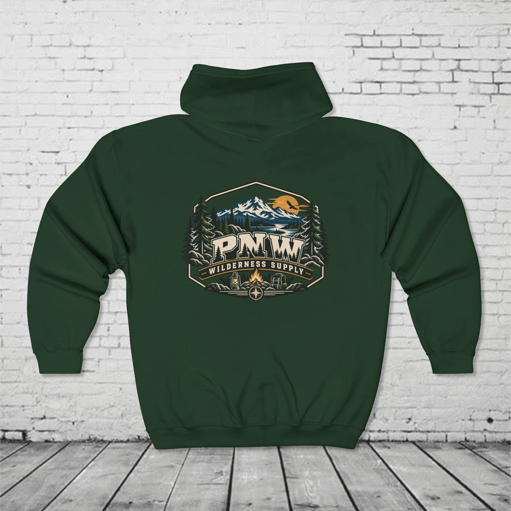 PNW Wilderness Supply Full-Zip Hoodie – Pacific Northwest Outdoor Adventure Back Graphic