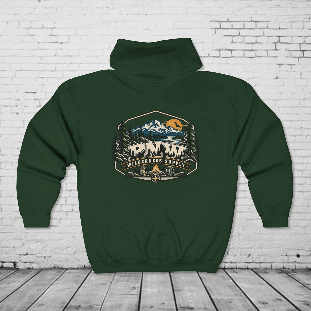 PNW Wilderness Supply Full-Zip Hoodie – Pacific Northwest Outdoor Adventure Back Graphic