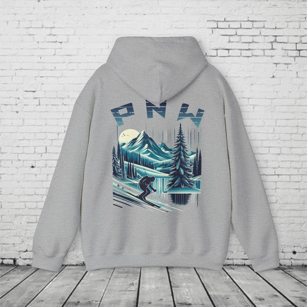 PNW Ski Hoodie – Retro Pacific Northwest Mountain Skiing Hoodie | Unisex Heavy Blend Winter Sweatshirt