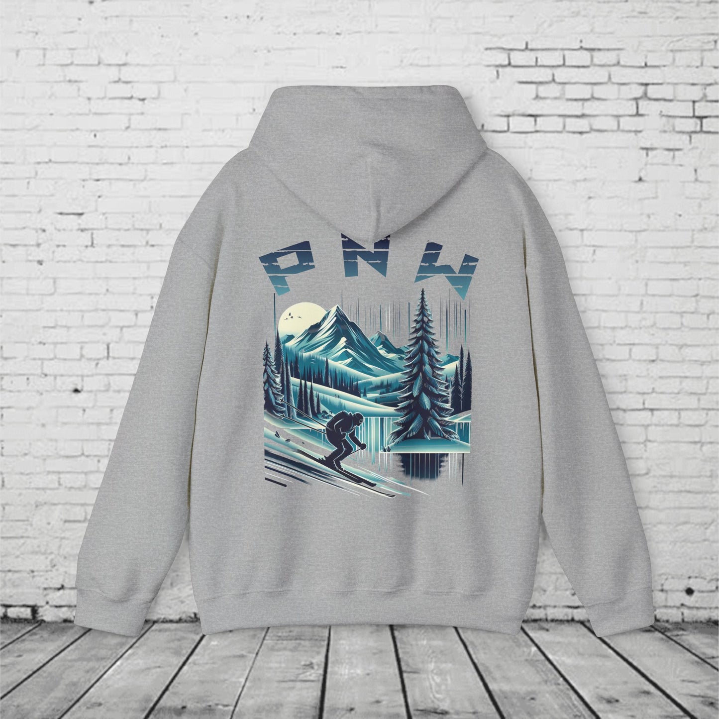 PNW Ski Hoodie – Retro Pacific Northwest Mountain Skiing Hoodie | Unisex Heavy Blend Winter Sweatshirt