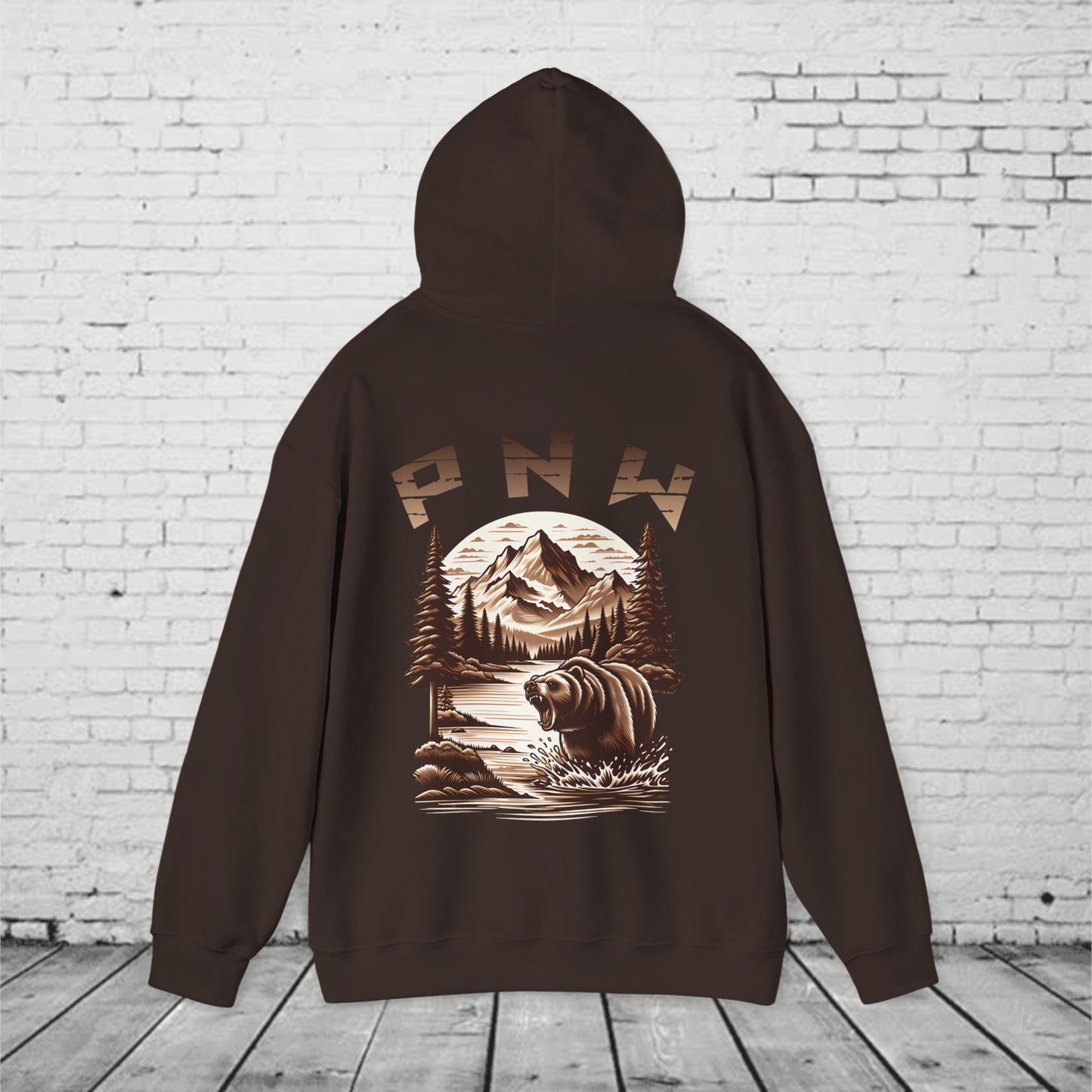 PNW Bear Hoodie – Pacific Northwest Mountain Wilderness Sweatshirt, Unisex Heavy Blend