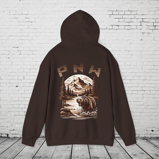 PNW Bear Hoodie – Pacific Northwest Mountain Wilderness Sweatshirt, Unisex Heavy Blend
