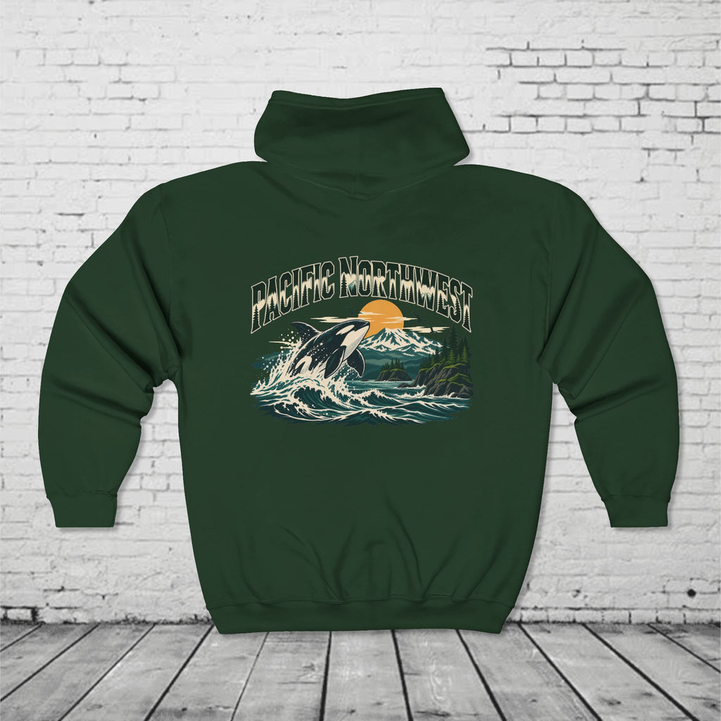 Pacific Northwest Orca Full-Zip Hoodie – PNW Mountain & Ocean Back Graphic