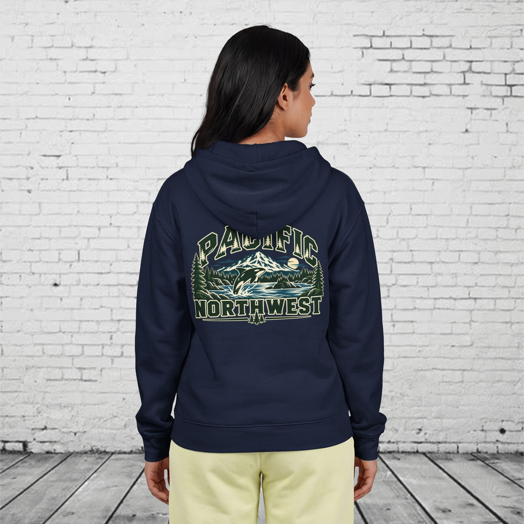 Wild Pacific Orca Full-Zip Hoodie – Pacific Northwest Mountain & Ocean Back Graphic
