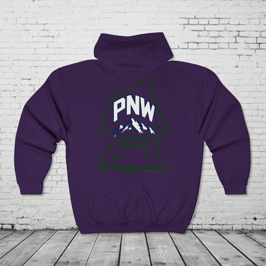 PNW Sasquatch Full Zip Hoodie – Pacific Northwest Bigfoot Mountain Graphic Sweatshirt