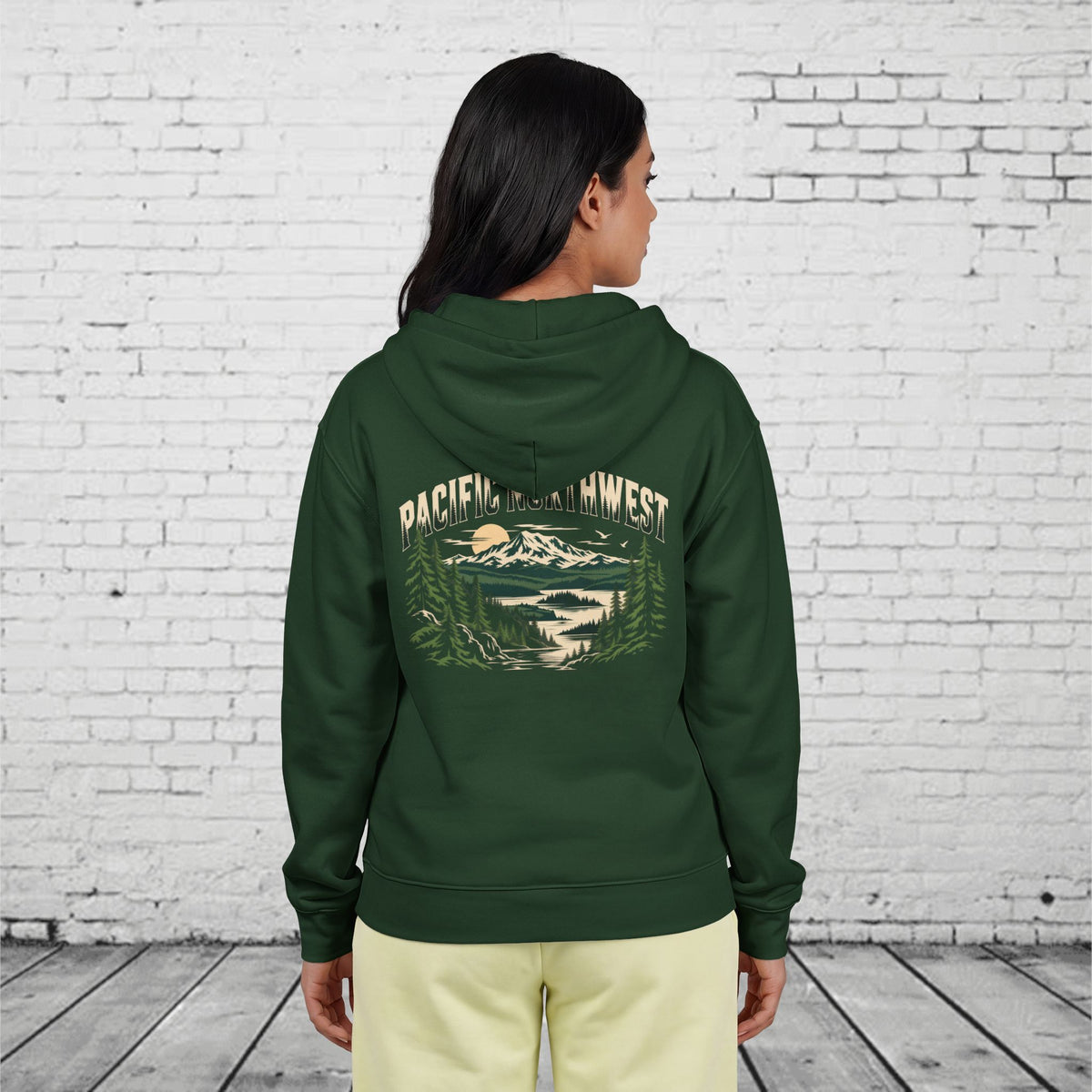 Pacific Northwest Mountain Lake Full-Zip Hoodie – PNW Evergreen Outdoor Back Graphic