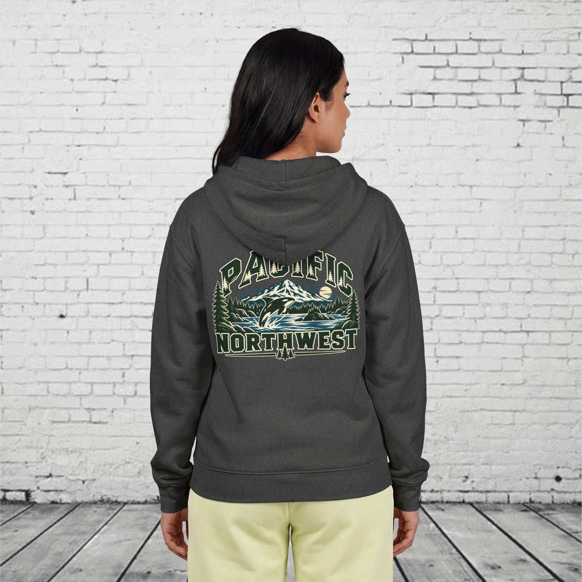 Wild Pacific Orca Full-Zip Hoodie – Pacific Northwest Mountain & Ocean Back Graphic