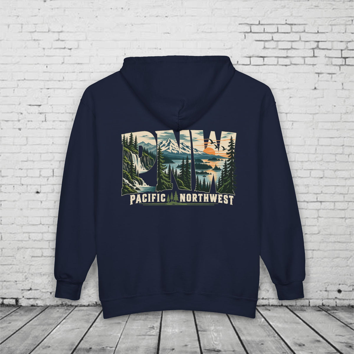 PNW Pacific Northwest Scenic Full-Zip Hoodie – Mountain Forest Waterfall Back Graphic