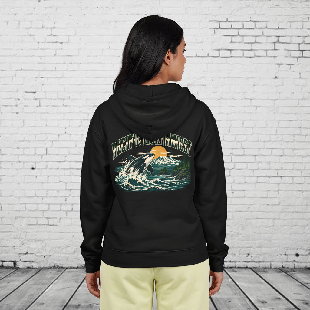 Pacific Northwest Orca Full-Zip Hoodie – PNW Mountain & Ocean Back Graphic