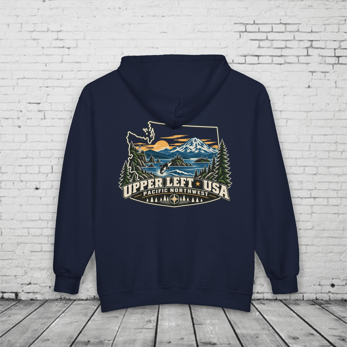 Upper Left USA Full-Zip Hoodie – Pacific Northwest Orca & Mountain Back Graphic