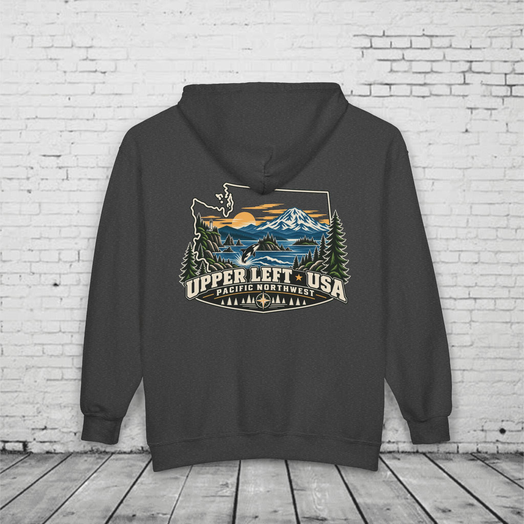 Upper Left USA Full-Zip Hoodie – Pacific Northwest Orca & Mountain Back Graphic
