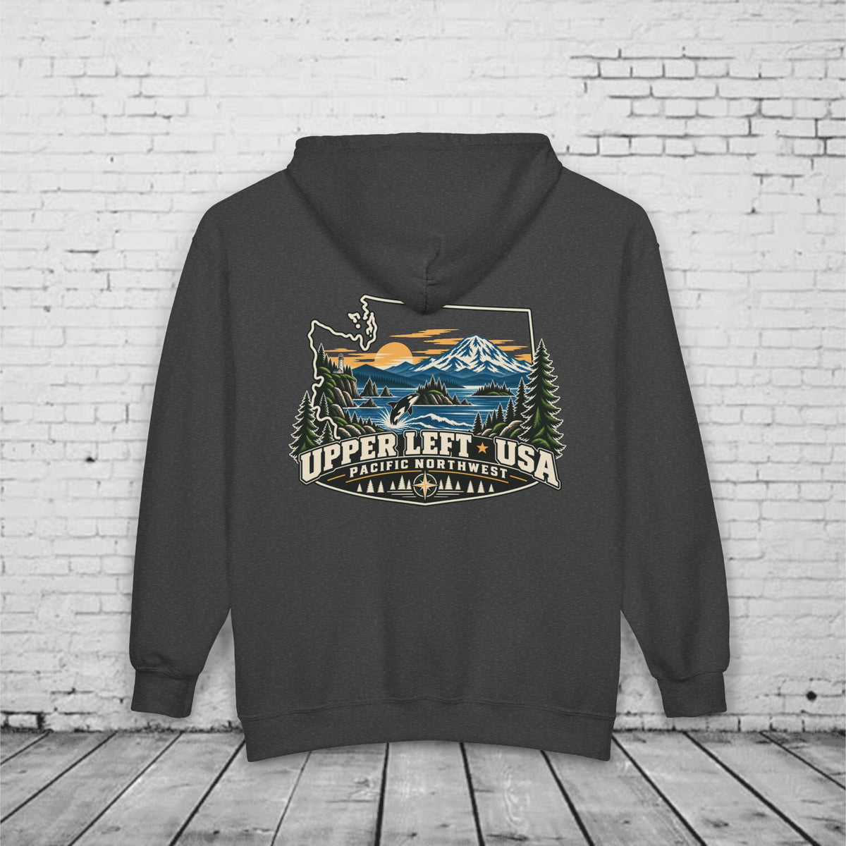 Upper Left USA Full-Zip Hoodie – Pacific Northwest Orca & Mountain Back Graphic