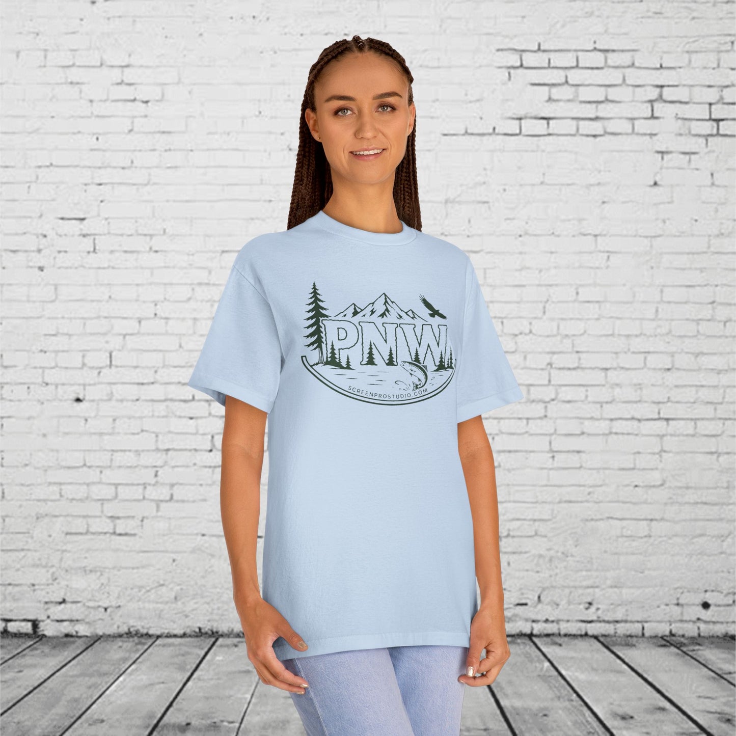 PNW Forest Badge T-Shirt | Pacific Northwest Mountain, Pine Tree & Salmon Graphic Tee
